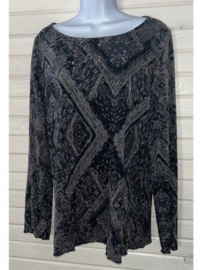 Sno Skins Sz XL Top Womens Artsy Black Gray Geo Bateau Neck L/S Stretch EUC
